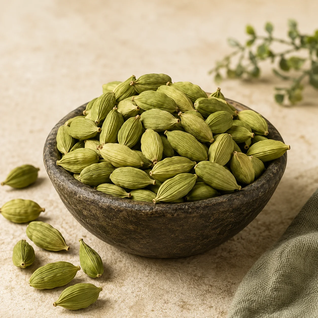 8 mm green cardamom pods in a dark stone bowl